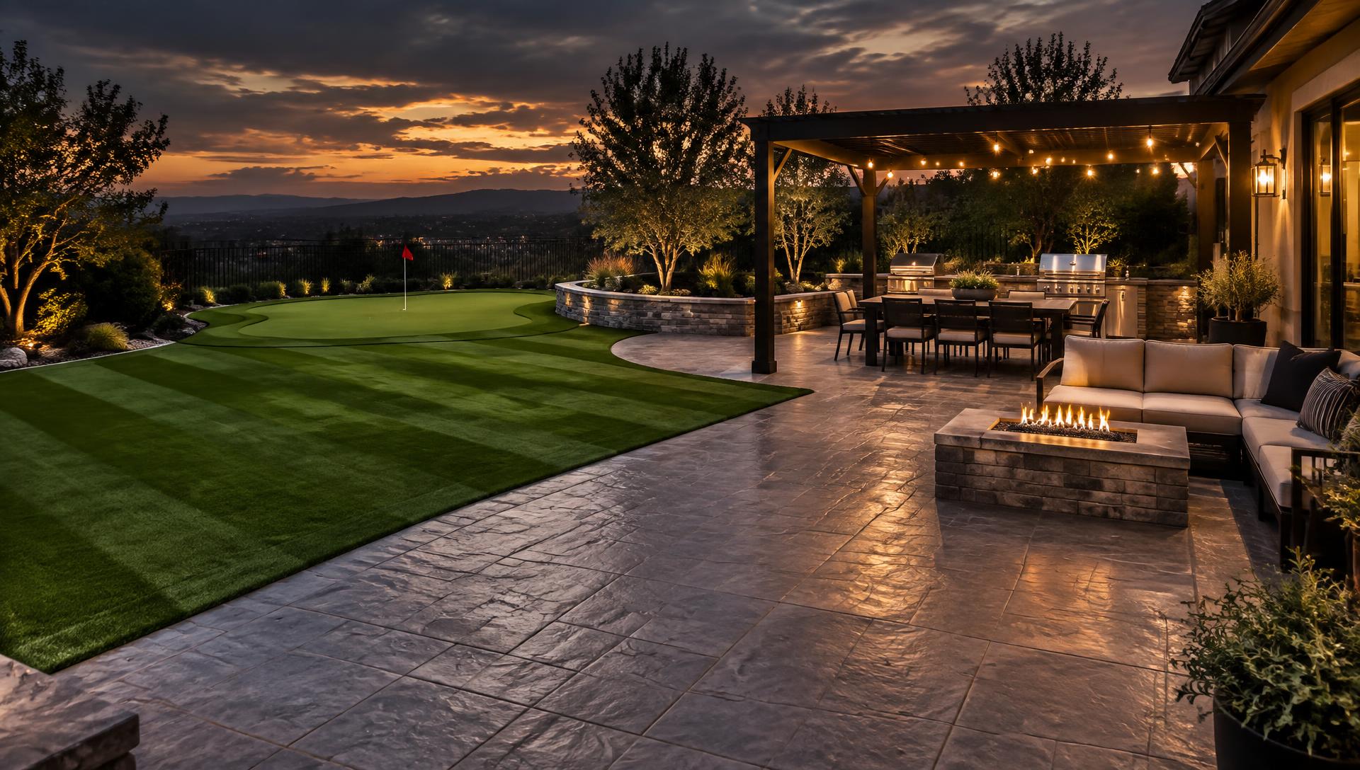 Completed backyard transformation with stamped concrete patio, artificial turf and custom putting green